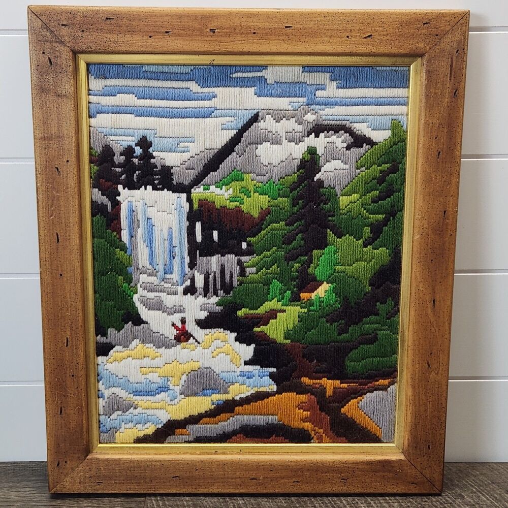 VTG Yarn Art Crewel Handmade Professionally Framed Outdoor Waterfall Trees 14x17